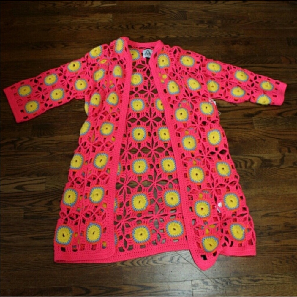 UNIF Pink Crochet Cardigan with Yellow and Blue Accents